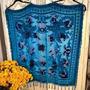 Absolutely Gorgeous Silk Blend Burnout Velvet Blues and Turquoise Fringed Scarf